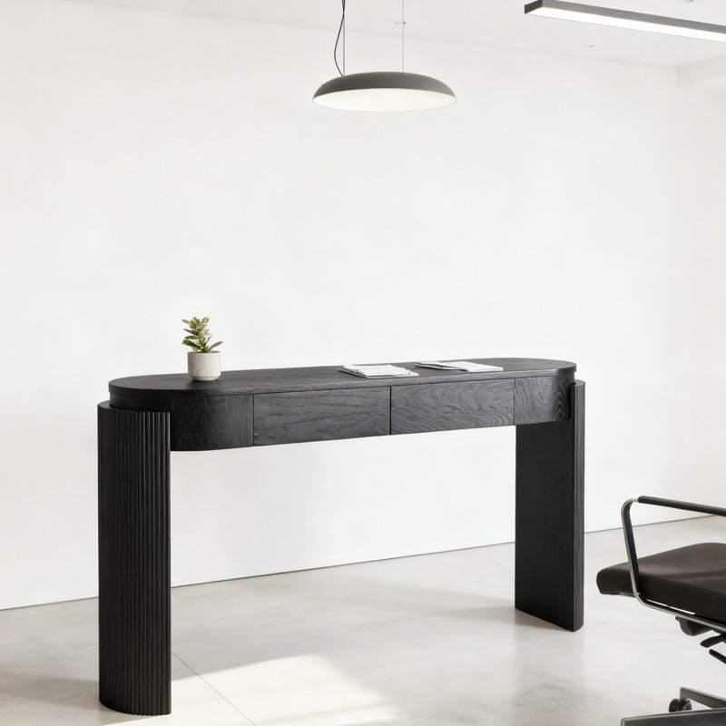 Table d'entrée avec finition grain de bois naturel, console avec conception cannelée, plateau ovale et 2 tiroirs pour l'entrée et le salon (noir)