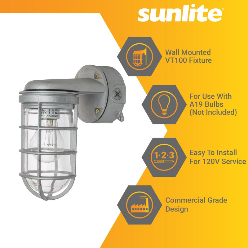 Sunlite 41368-SU Vaporproof Industrial Jar Fixture, Wall Mount, Medium Base Socket (E26), 100W Max