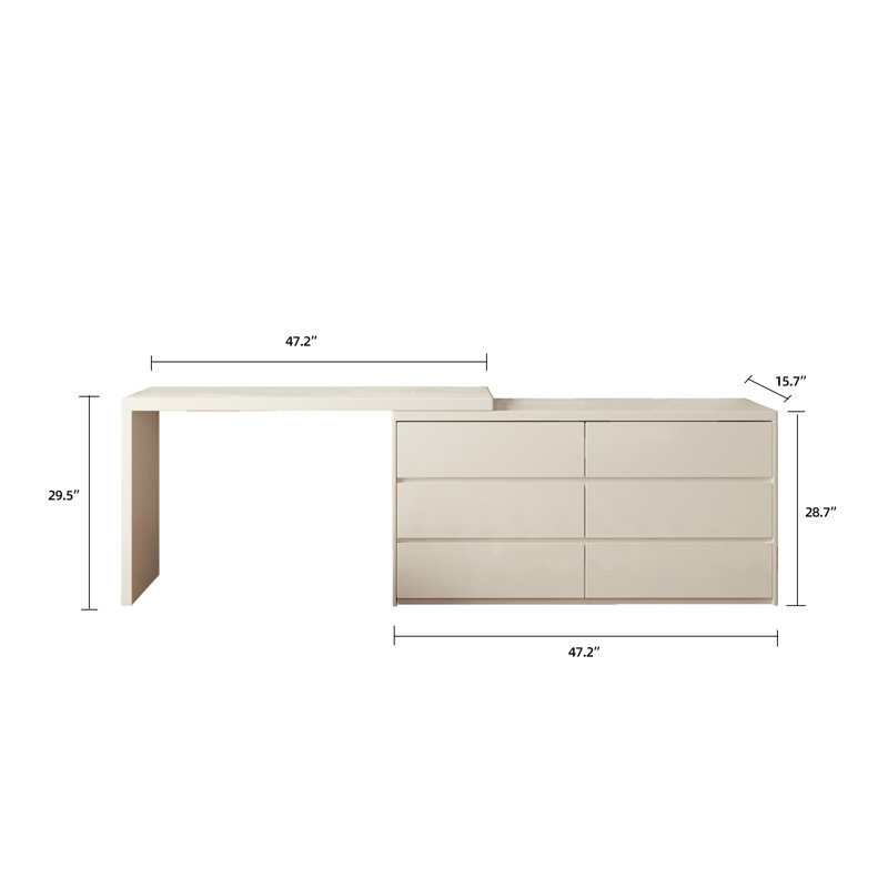 Zohair No Assembly Required Extendable Makeup Table With 6-Drawers, Cream