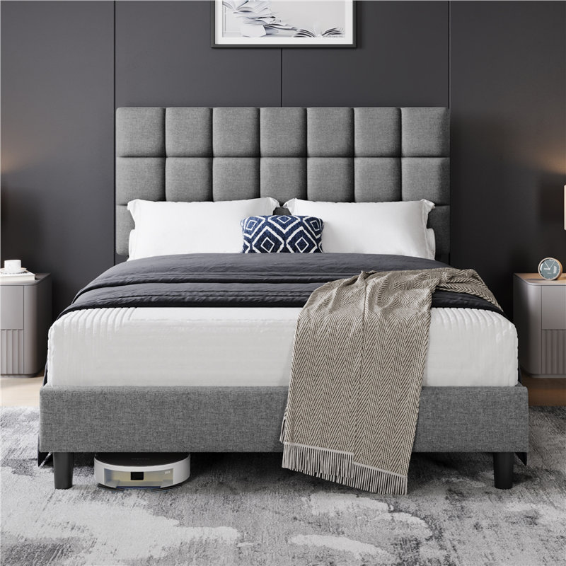 Size Modern Upholstered Bed Frame with Adjustable Square Tufted Headboard, Kingsize (5'), Light Grey