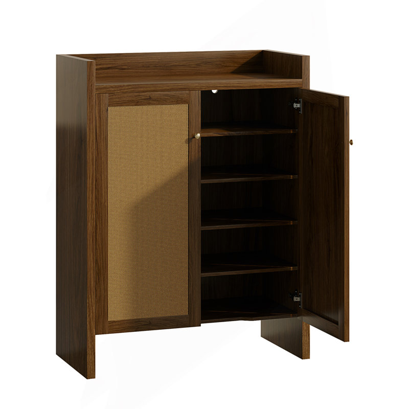 Armoire à chaussures en rotin avec portes, armoire de rangement à chaussures à 6 niveaux avec tablettes réglables, Noyer