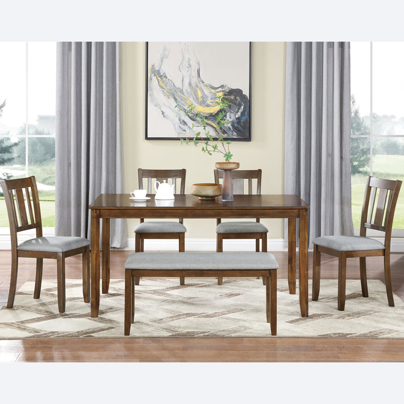 Table de salle à manger en noyer 6, en bois rectangulaire pour 6 avec 4 chaises et banc, maison polyvalente, cuisine, pièce de salon en noyer, rembourré pouvant accueillir des personnes, bar élégant pour la maison,