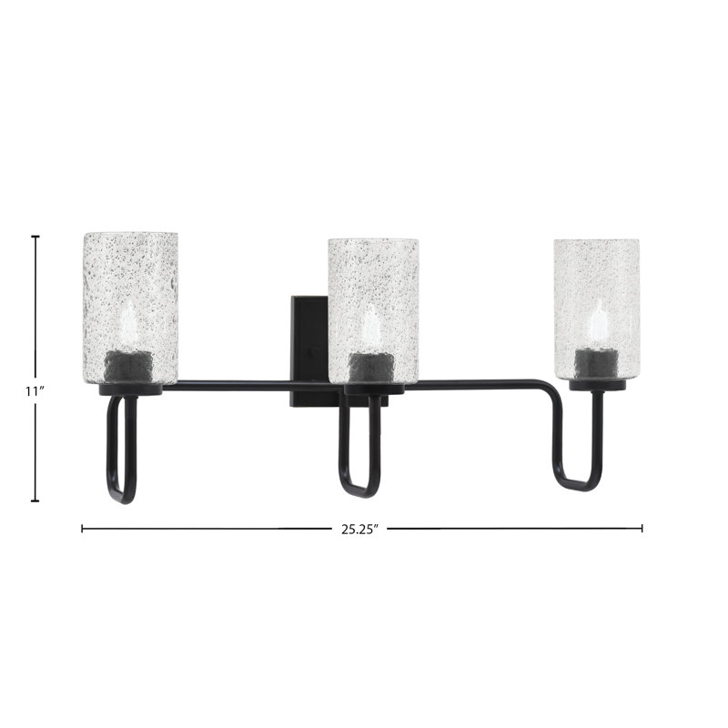 Barre d'éclairage de salle de bain 3 lumières Amarmula, finition noir mat, verre à bulles 4 po, Noir, Transparent/noir