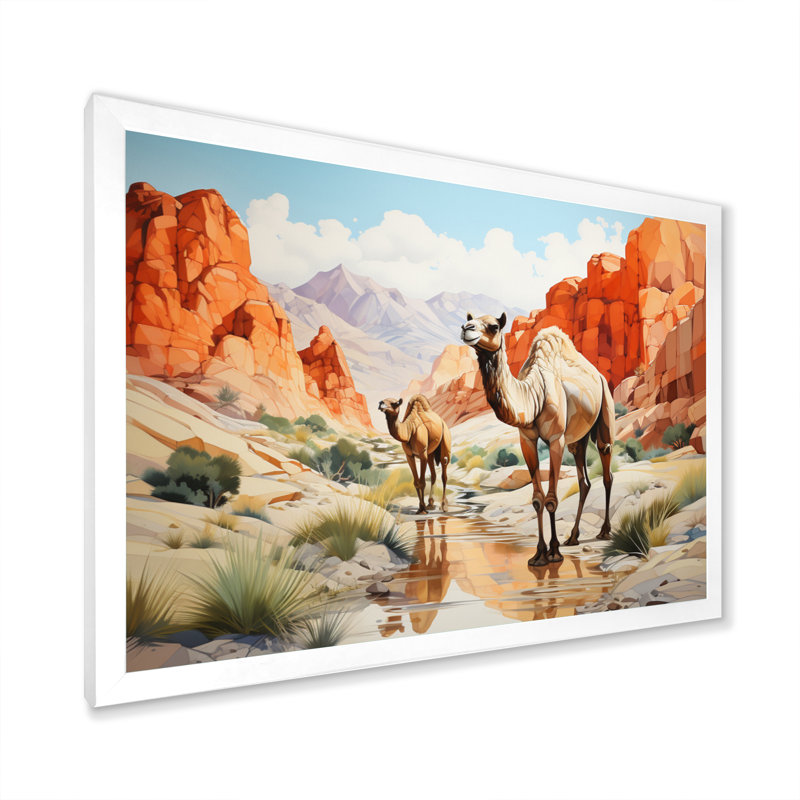 «Camel Desert Wanderer Geometric», reproduction sur toile, H 34 po x l 44 po x P 1,5 po, Cadre simple blanc