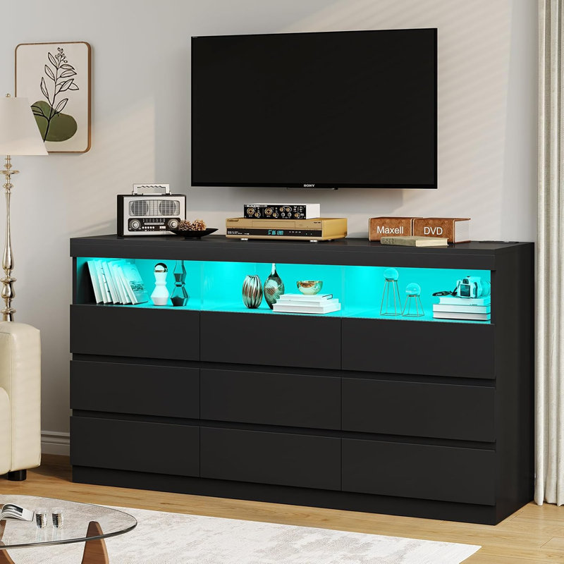 9 Drawer LED Dresser with Charging Station for Bedroom