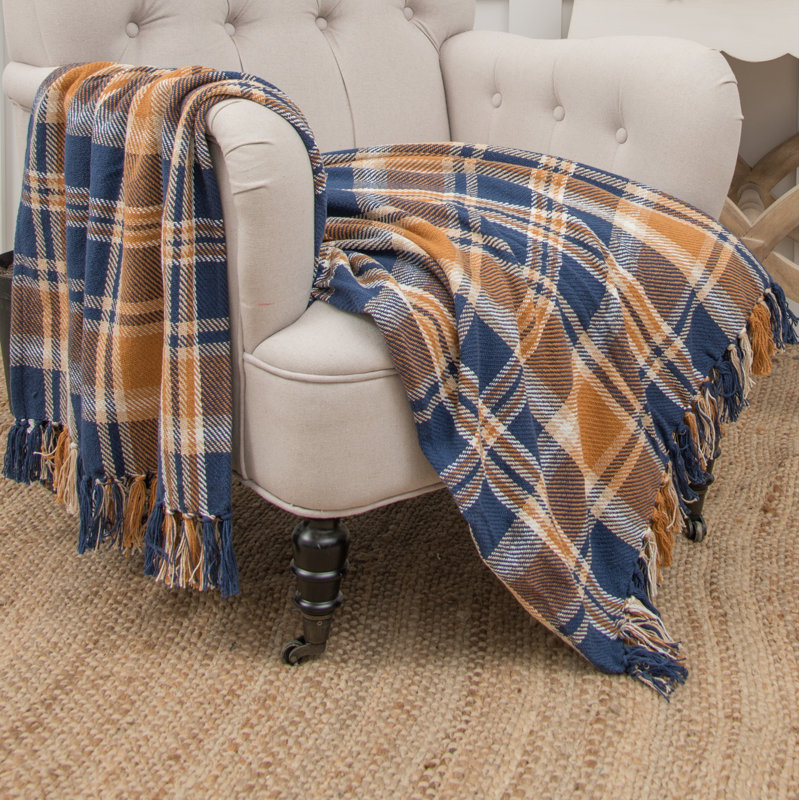 Navy and Gold Plaid Throw Blanket
