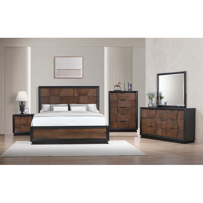 Ensemble de chambre à coucher de style traditionnel, Cinq pièces : Lit, 1 table de chevet, commode, co, Très grand