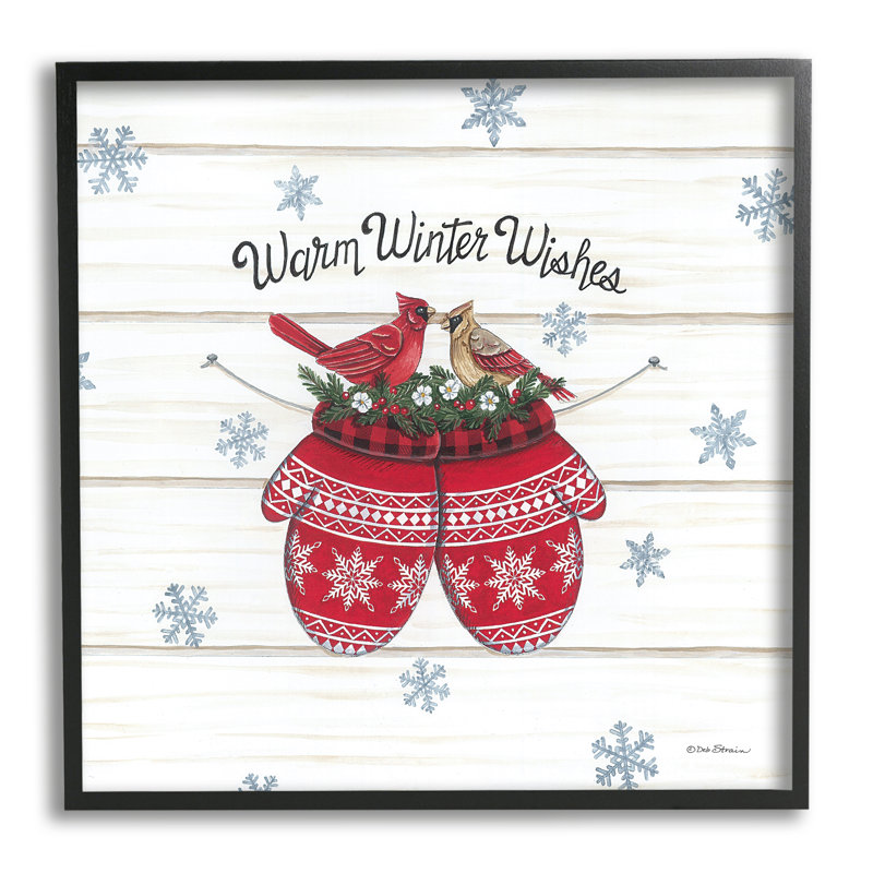 Warm Winter Wishes Cardinals, perchoir festif, mitaines noires, estampe numérique encadrée par Deb Strain