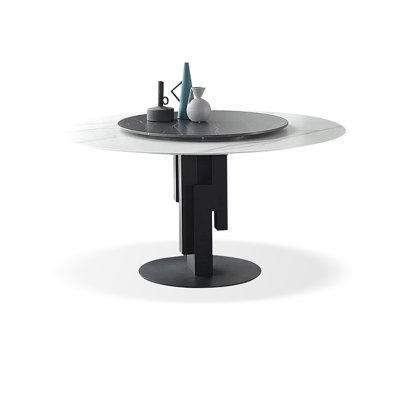 White+Black Round Stone+Steel Butterfly Leaf Dining Table