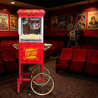 8oz Vintage Popcorn Machine with Cart, Stainless Steel Kettle, Heated Warming Deck & Old Maids Drawer, Red Movie Theatre Popcorn Maker for Home & Commercial Use