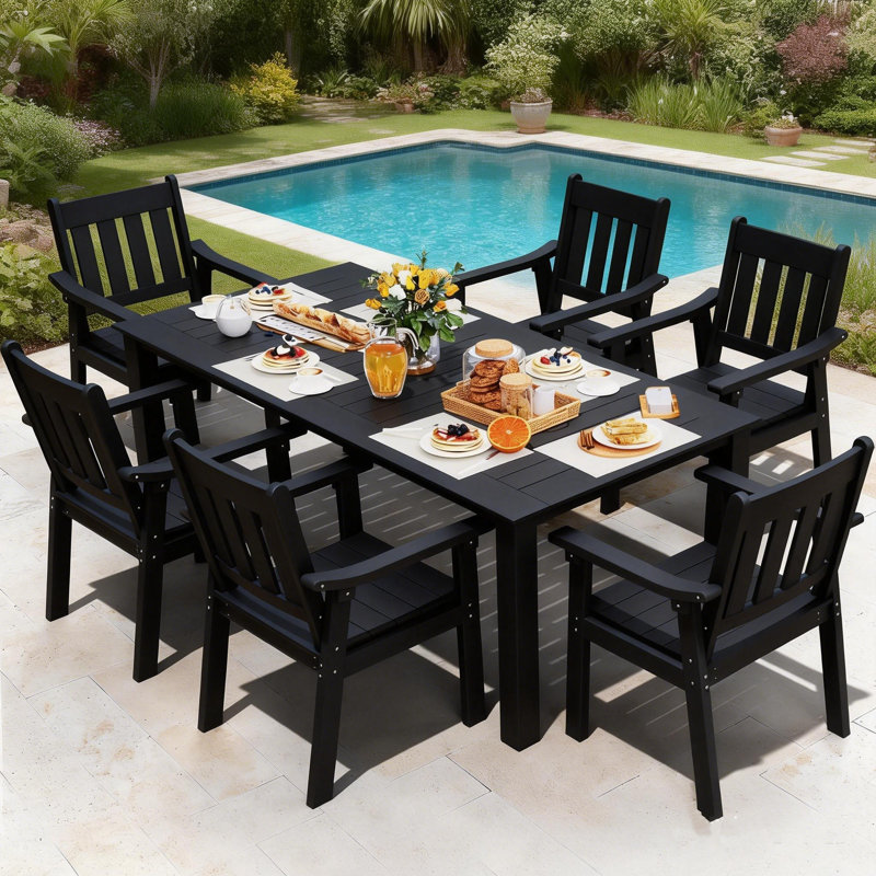 Ensemble de salle à manger d'extérieur toutes saisons 7 pièces Ensemble de salle à manger d'extérieur avec trou pour parasol et structure en aluminium Ensemble de salle à manger d'extérieur moderne pour 6 personnes pour cour arrière / porche / terrasse, 1 table et 6 chaises