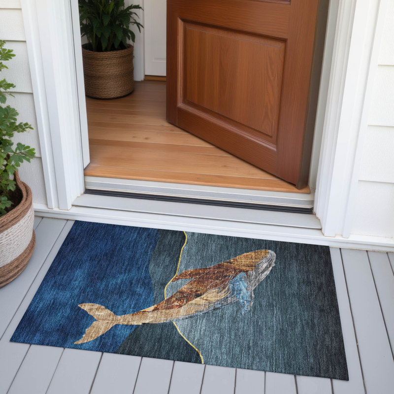 Tapis bleu intérieur / extérieur lavable à la machine Xhevrie, Rectangle 1 pi 8 po x 2 pi 6 po