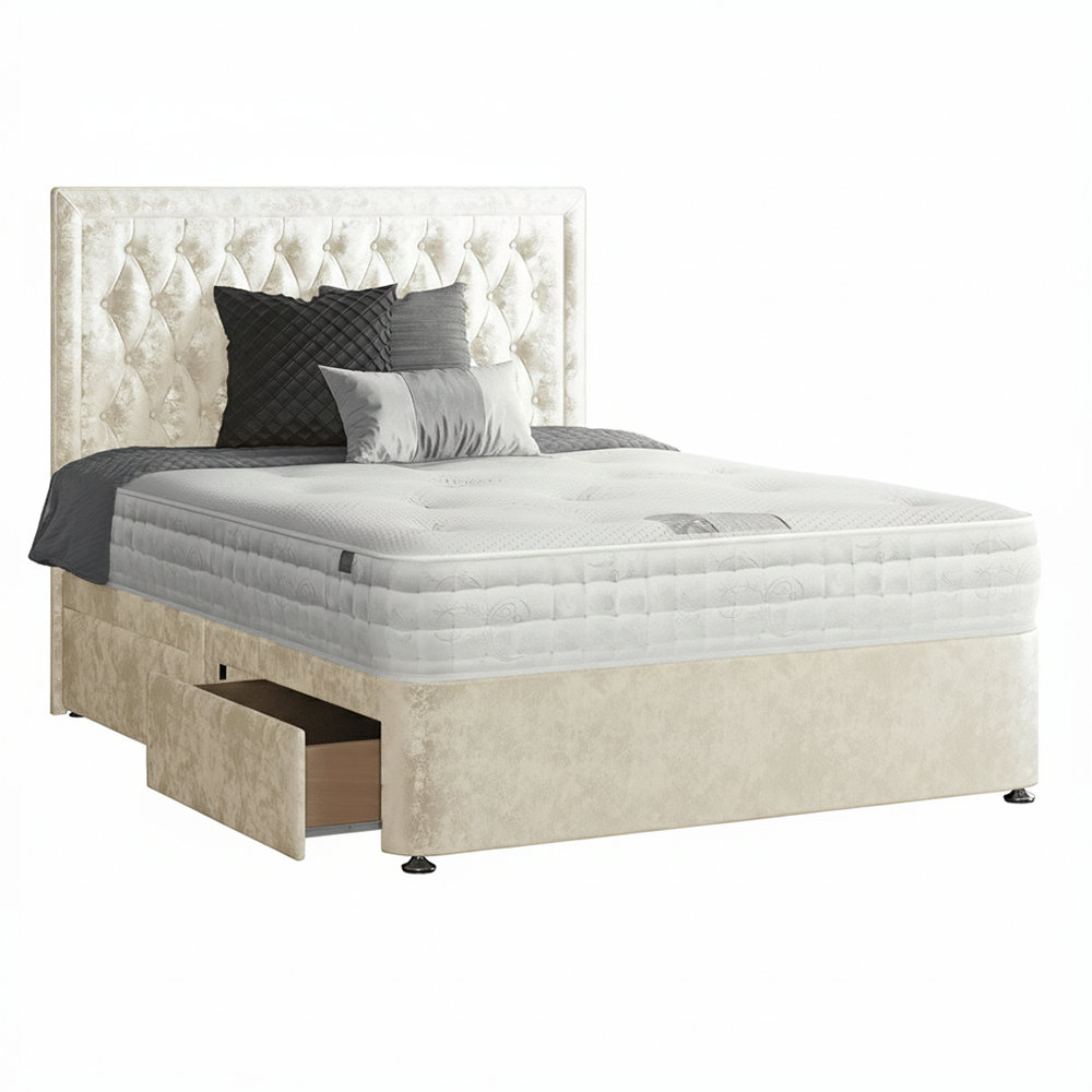 Sandringham Bordered Floor Standing Headboard with Plush Velvet with Matching Buttons And Metal Feet