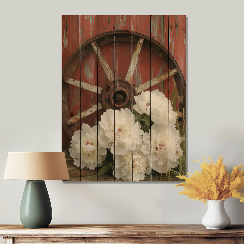 Pivoines par la roue du chariot II - impression de bois de pivoines - sur bois de pin naturel, H 20 po x l 10 po x P 0,78 po