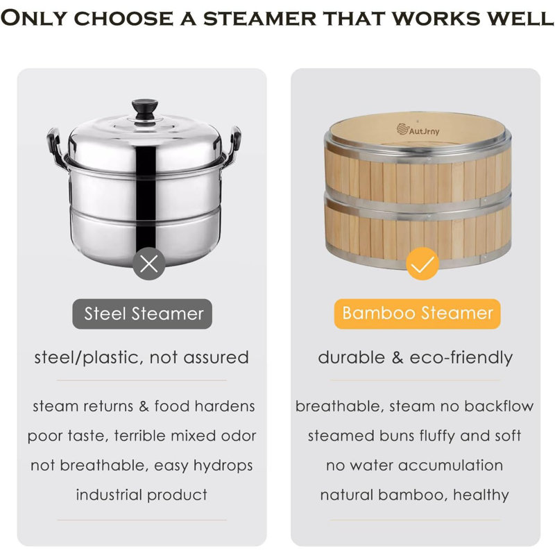 Panier à vapeur vertical en bambou 11,8 pouces à 3 niveaux avec anneaux en acier inoxydable | 50 sacs
