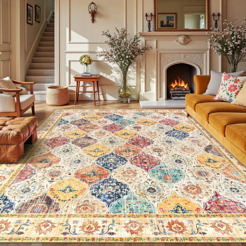 Colorful Bohemia Area Rug Non-slip Washable Soft Throw Large Carpet, Rectangle 6' x 9'