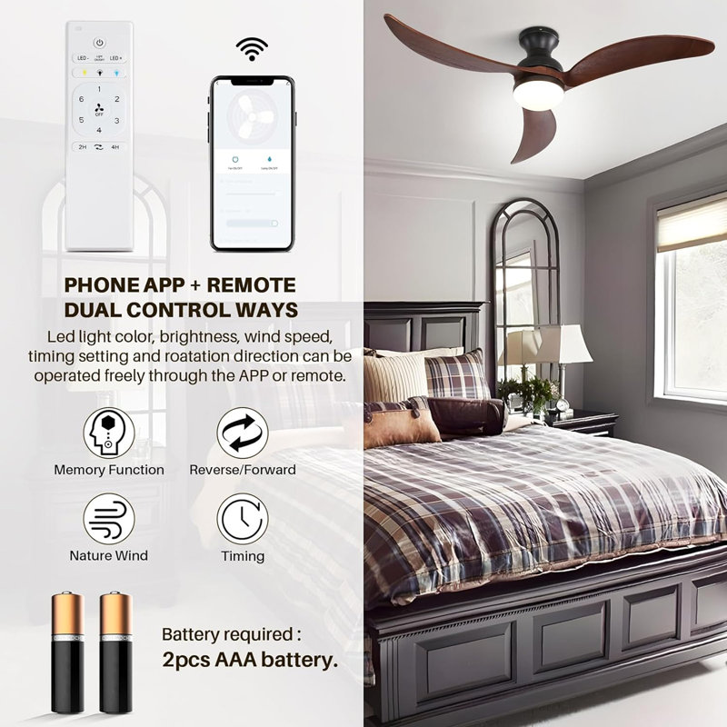 52 Inch Modern Ceiling Fan With 3 Color Dimmable Solid Wood  Blades Remote Control Reversible DC Motor For Bedroom