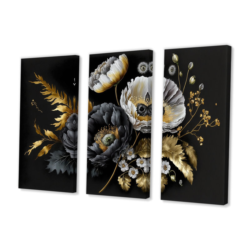 «Golden Gothic Floral Bouquet II», reproduction sur toile 3 pièces, H 28 po x l 36 po x P 1 po, Toile tendue