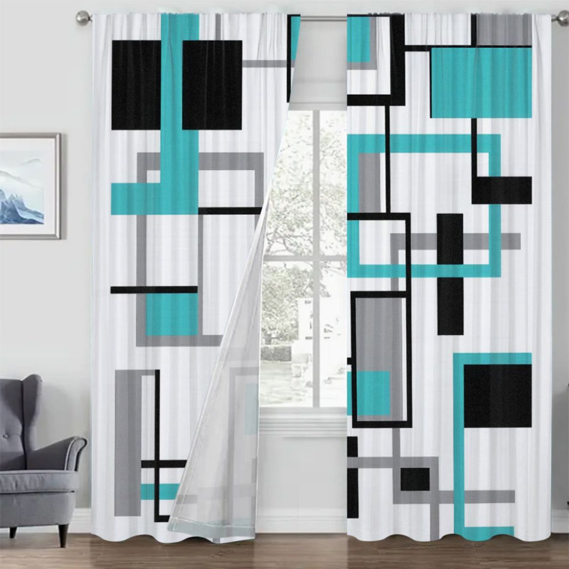 2Pcs Modern Geometric Pattern Curtains, Abstract Block Art Design Decorative Rod Pocket Window Drapes For Living Room Bedroom Kitchen Home Decor,  Light Filtering Curtain