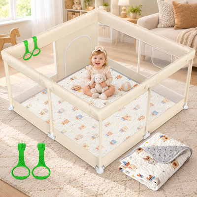 Parc pour bébé avec tapis, 47 po x 47 po, aire de jeu pour enfants, aire de jeu intérieure et extérieure spacieuse, beige