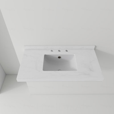 Lavabo de 36 po en marbre de culture, profil épais de 2 po, trois trous de robinet, lavabo seulement, armoire non incluse, convient aux armoires de salle de bain, Carrara
