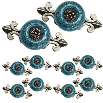 10pcs Blue Ceramic Knobs with Pattern,Vintage Cabinet Knobs, with Antique Bronze Back Plate, Decorative Drawer Knobs, For Closet & Cupboard