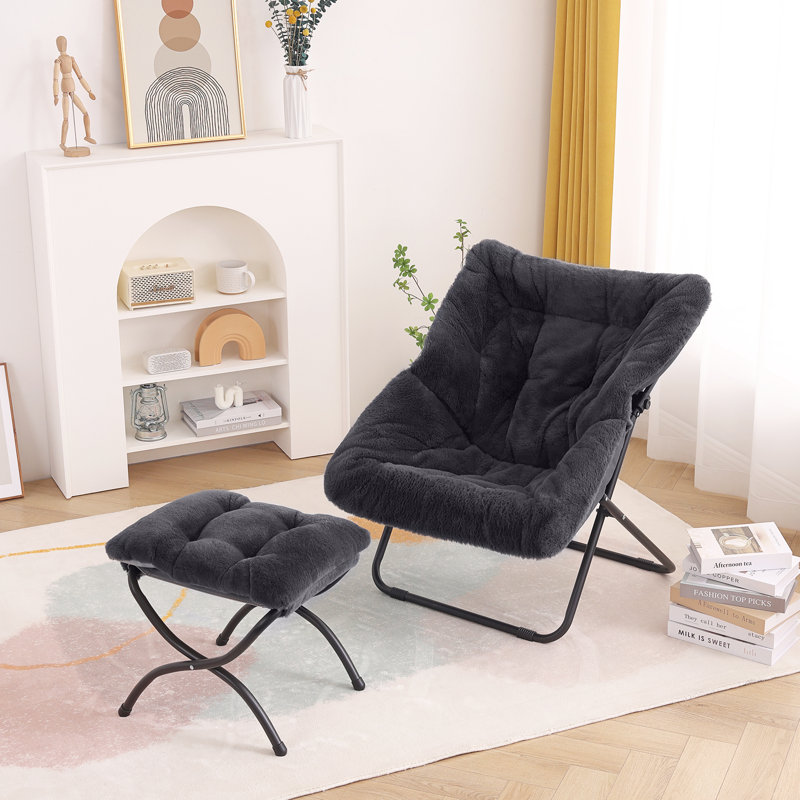 Saucer Chair with Ottoman, Soft Faux Fur Oversized Folding Accent Chair, Black Polyester Blend