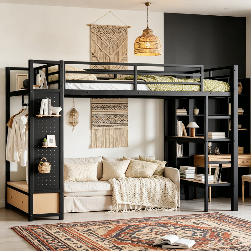 Lit superposé double au-dessus de double avec tablettes de rangement, lits superposés en métal avec tiroirs et panneau perforé, structure de lit superposé non grinçant et stable pour les adolescents et les adultes, noir