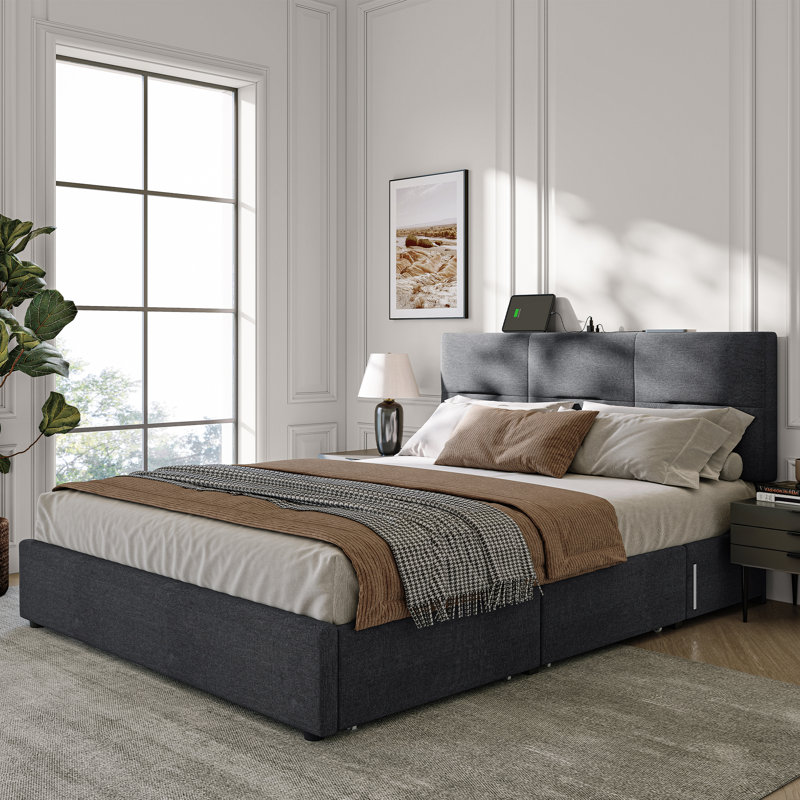 Fehi Upholstered Bed Frame with Headboard, 4 Storage Drawers，Charging Station, Sensor Night Lights, Queen