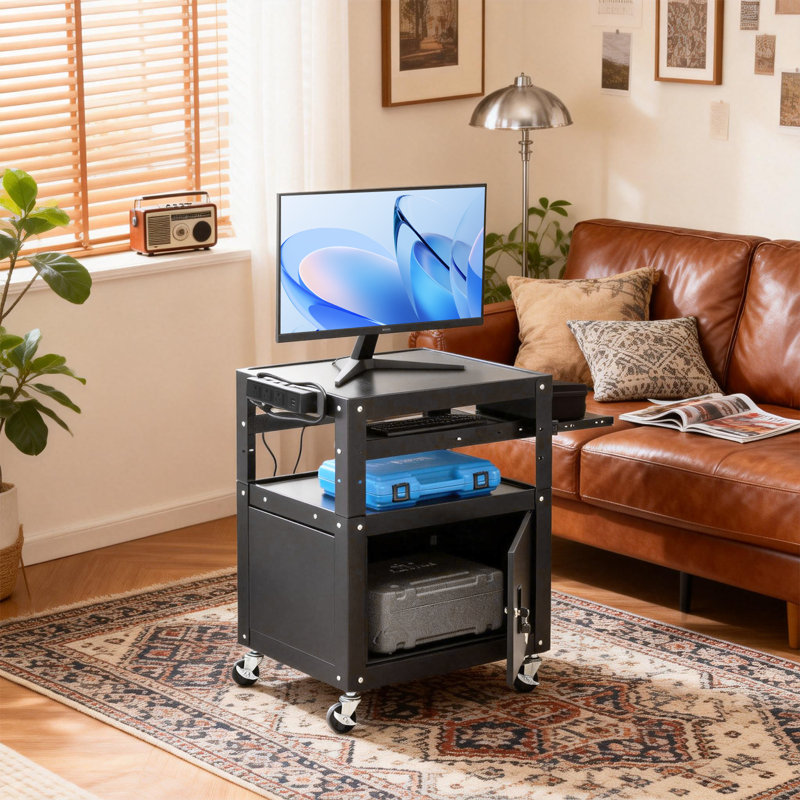 Rolling AV Cart With Power Strip, 3-Tier Utility Cart With Wheels, Keyboard Tray, Lockable Cabinet