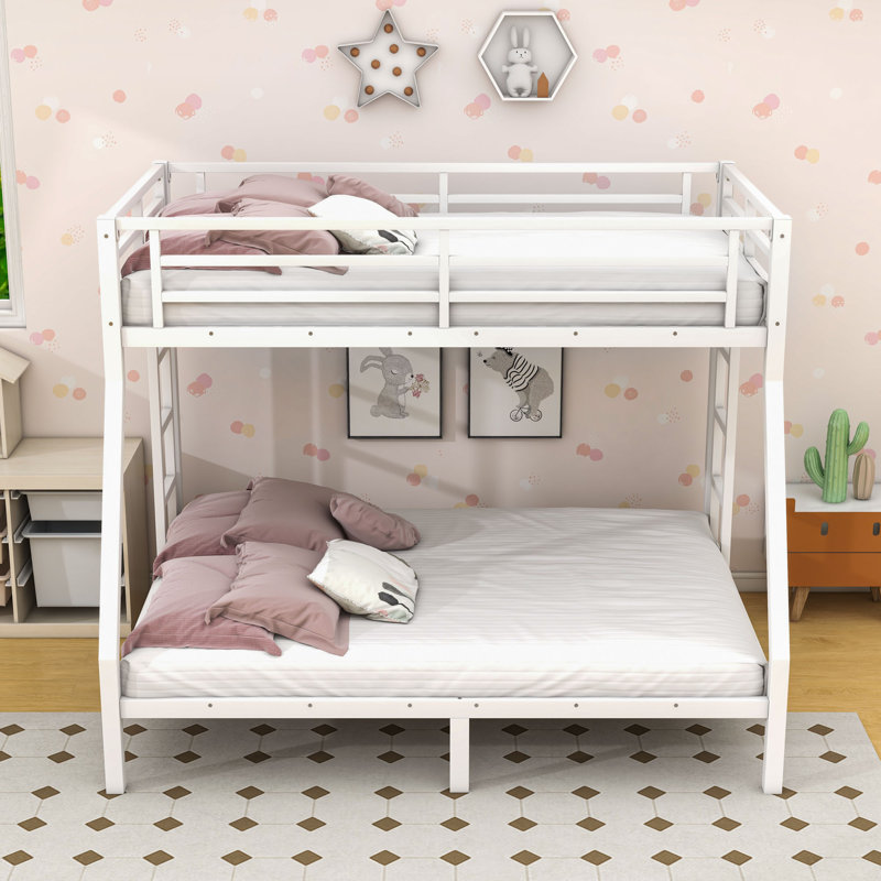 Metal Bunk Bed With Ladder And Guardrails, Twin Over Full, White