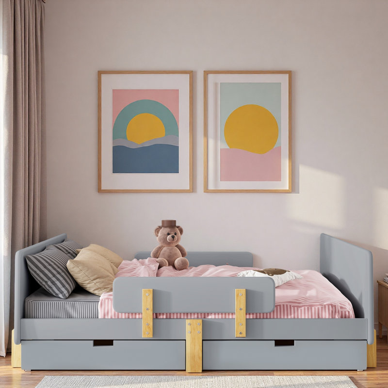 Lit plateforme avec tiroirs de rangement, garde-corps, petite tablette et crochets, Gris, Double