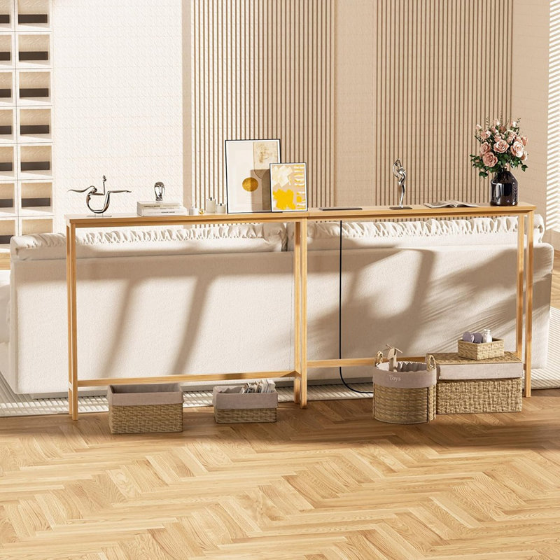 70.9" Narrow Console Table With Outlet, Bamboo Behind-Sofa Table, Natural