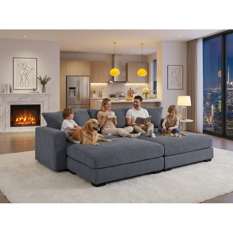 101"W Corduroy Sofa Bed With 2 Ottomans, Dark Gray