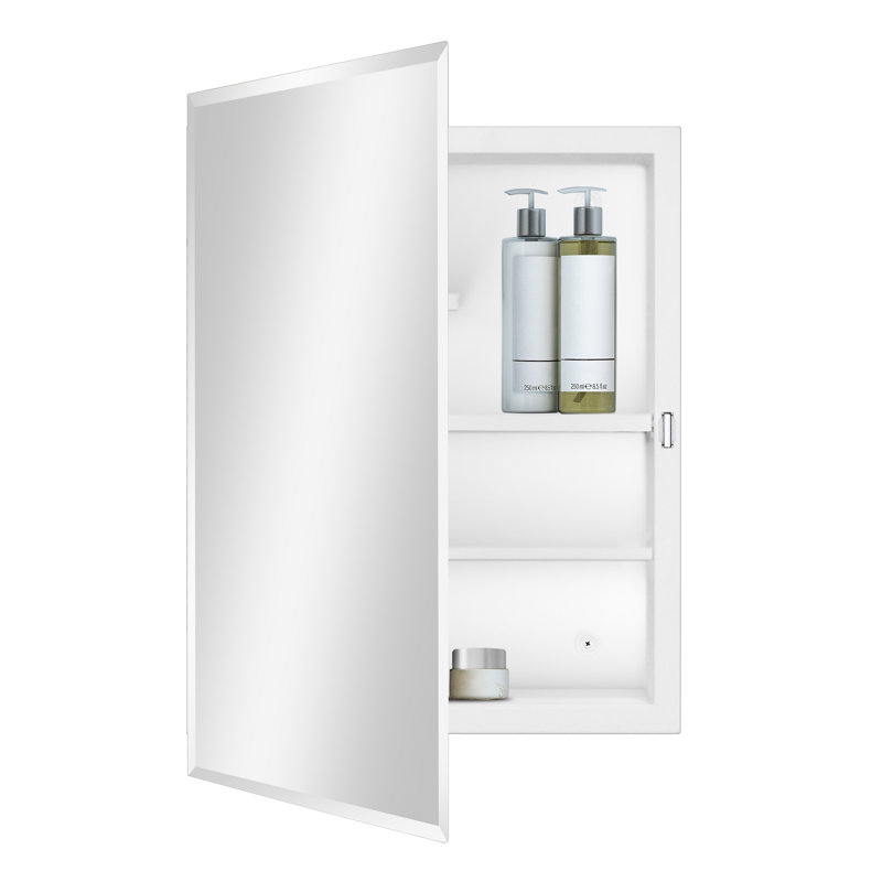 Ebou Designs Chouhan blanc, miroir biseauté et tablettes réglables pour la salle de bain, encastré ou en surface.