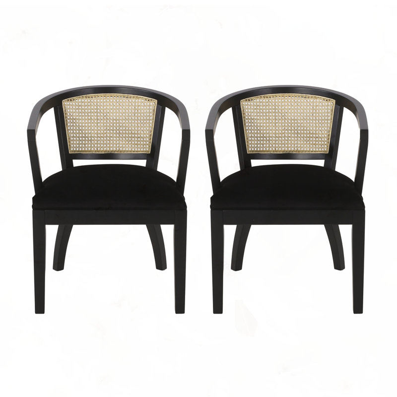 Black Velvet Upholstered Wood and Cane Arm Chair Set