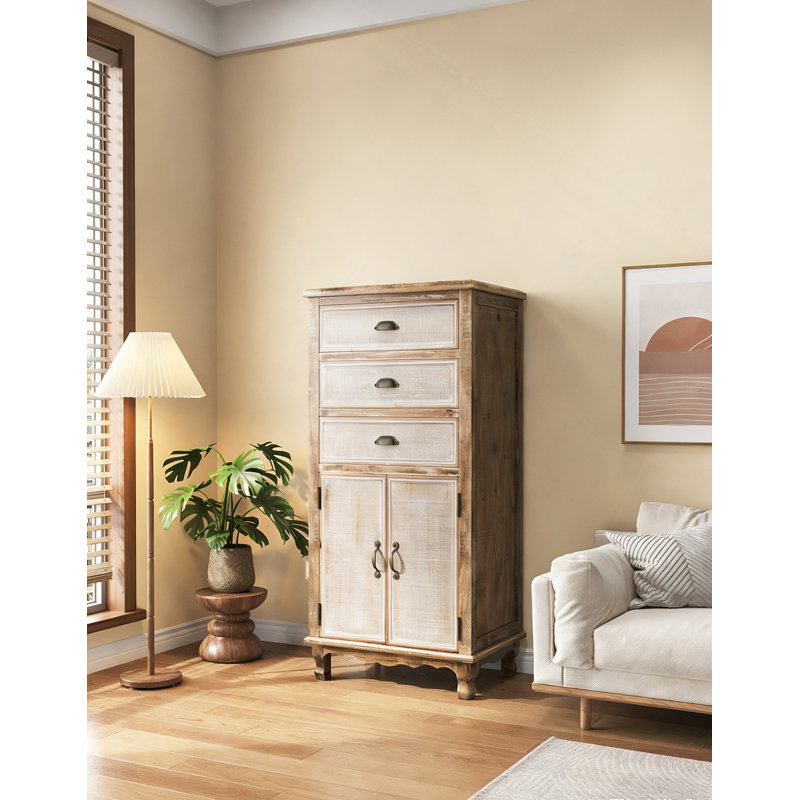 Armoire de rangement rustique en bois avec porte découpée décorative et 3 tiroirs, grand organisateur étroit pour le salon, la chambre à coucher