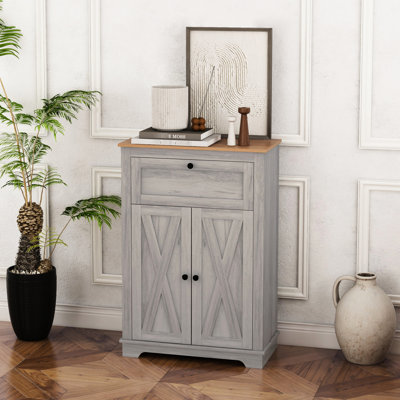 Style Storage Cabinet, Gray. With Double Doors, Drawer And Adjustable Shelf For Bedroom, Living Room. . 23.5"W X 11.75"D 34.5"H Gray Barn Door Cupboard, Sideboard With Drawer, Doors Bedroom Tipping.