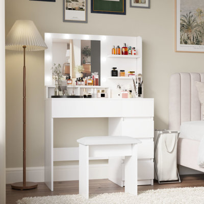 Vanity With Mirror & , Extra Deep Drawers, Spacious Storage, White Finish Desk 3 Lighting Alternatives, 4 Abundant Modern