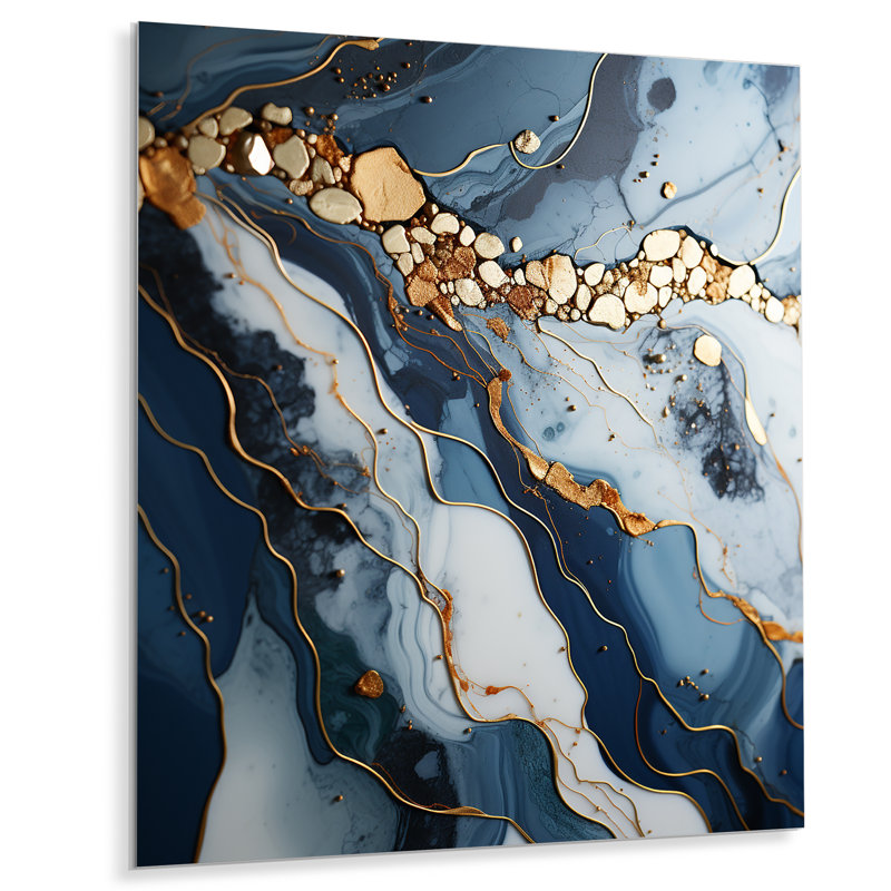 Art mural doré et bleu Geode II - encre liquide abstraite, H 20 po x l 12 po x P 1 po