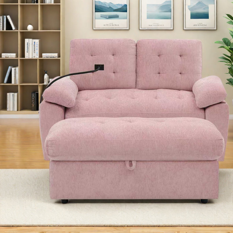 Fauteuils inclinables réglables avec rangement, canapé deux places moderne en chenille rose pour la maison, Pink Chenille