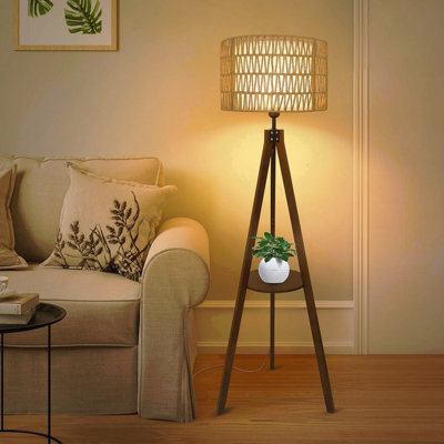 Lampe sur pied avec tablettes, lampe sur pied en bois de style Mid-Century avec abat-jour en rotin et en tissu, interrupteur à pédale marche / arrêt, lampes sur pied de style campagnard moderne pour le salon, la chambre et le bureau