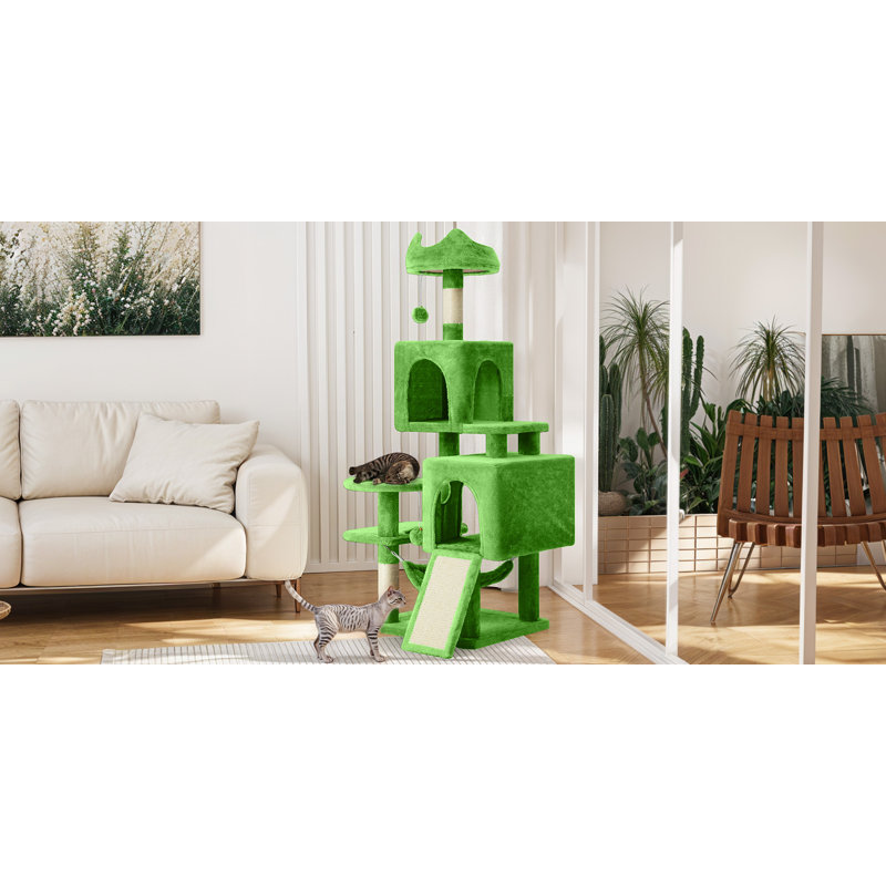 Modern Minimalist Cat Tree with Multiple Platforms and Toys, Green