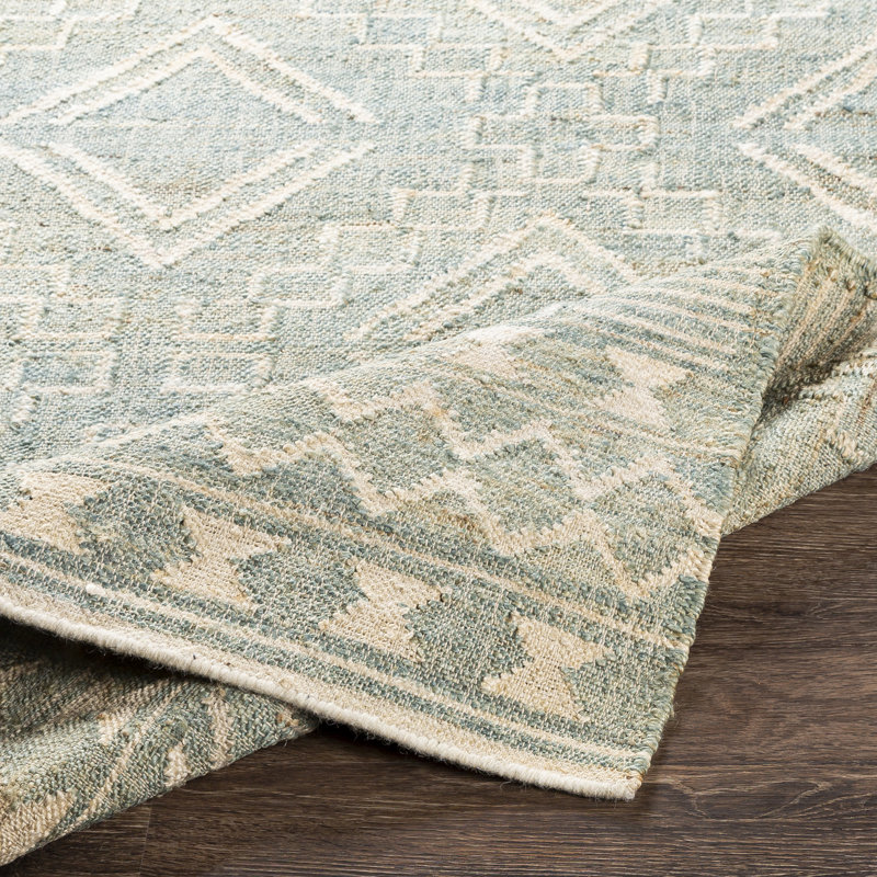 Tapis vert clair / beige en jute tissé à plat à la main Shaniya Southwestern, Rectangle 2 pi x 3 pi