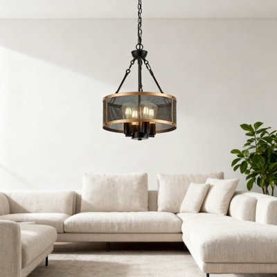Plafonnier semi-encastré industriel moderne avec abat-jour tambour en maille noire et finition dorée, lustre 4 lumières pour la salle à manger, la cuisine, le salon, le couloir et l'entrée