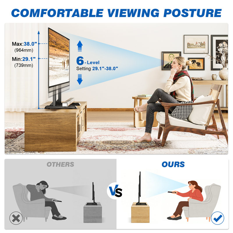 Modern TV Stand with Cable Management, 6-Height Adjustable, Supports 37-86 Inch TVs up to 150lbs