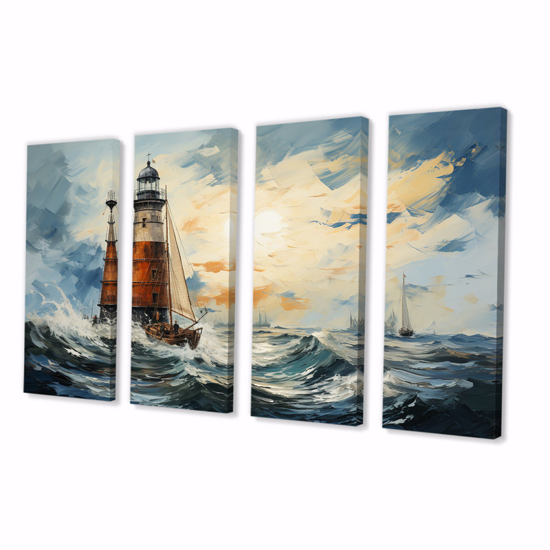 Phare de la mer orageuse II - 4 pièces d'art mural, H 32 po x l 64 po