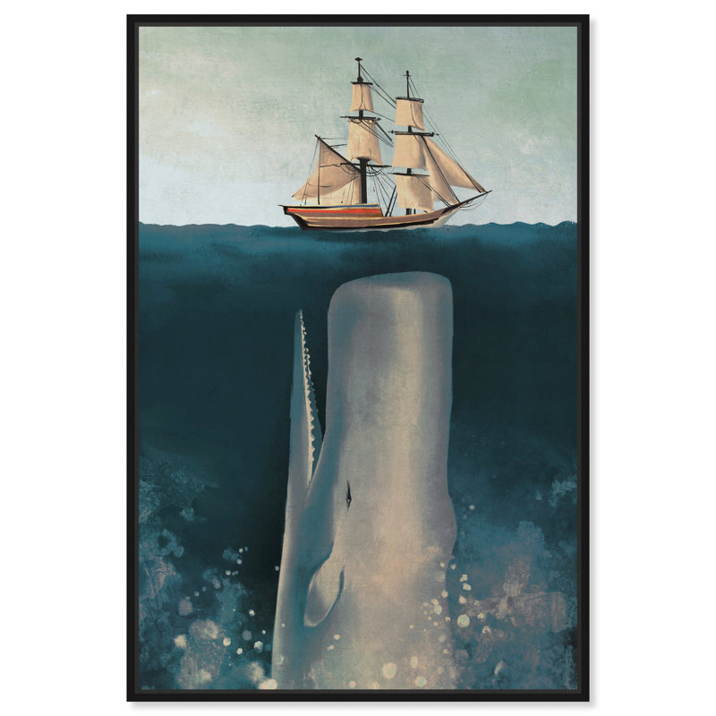 Nautique et côtier, le voilier et la baleine - impression d'art graphique, Impression encadrée, H 36 po x l 24 po, Noir