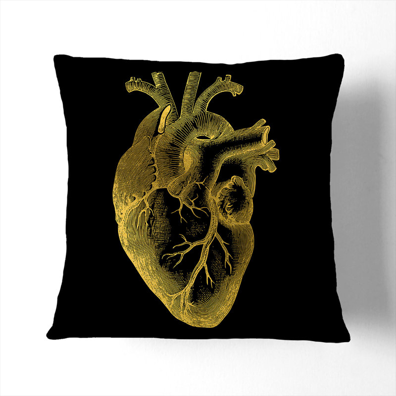 Black Gold Anatomical Heart Scatter Cushion, 55cm H x 55cm W x 20cm D, Stone