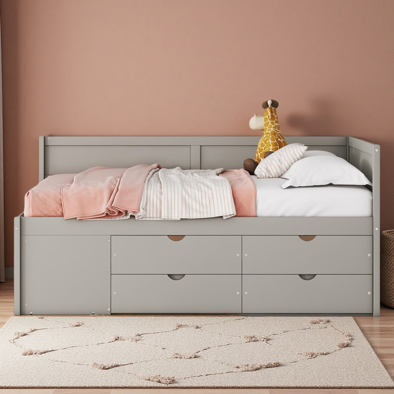 Lit de jour avec tiroirs et tablettes, Gris, Lit double
